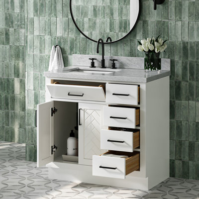 Chevron 37 Inch Left Offset Single Rectangle Vanity Bathroom Vanity with Carrara White Marble Countertop 1.5 Inch in White