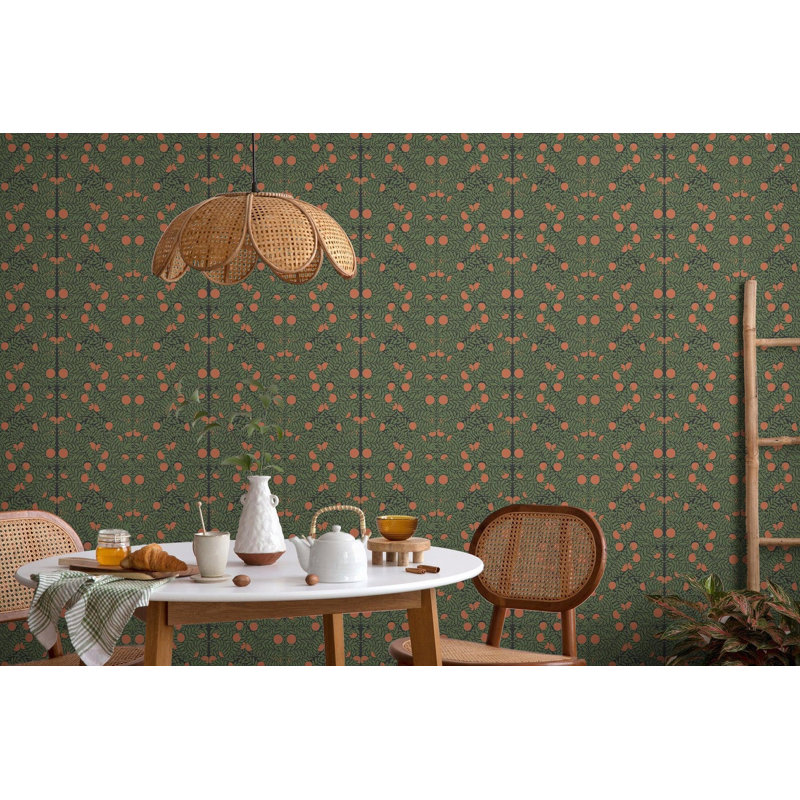 Orange Bush 10' L x 24" W Peel and Stick Wallpaper Roll, Forest/Orange, Faux Grasscloth, Non-pasted