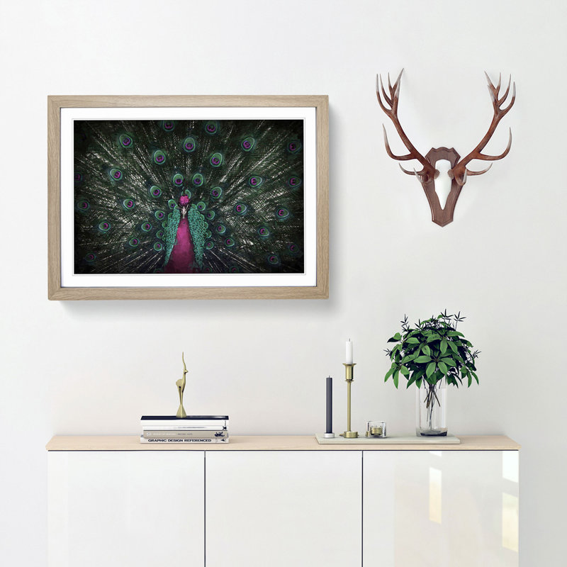 Mesmerising Pink & Green Peacock - Framed Print, 62cm H x 87cm W x 2cm D, Oak Framed