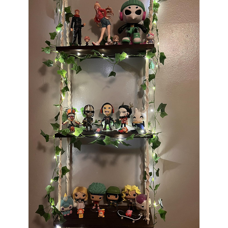 3 Tier Floating Shelf Wall Storage with Handmade Woven Ropes and Vine Lights
