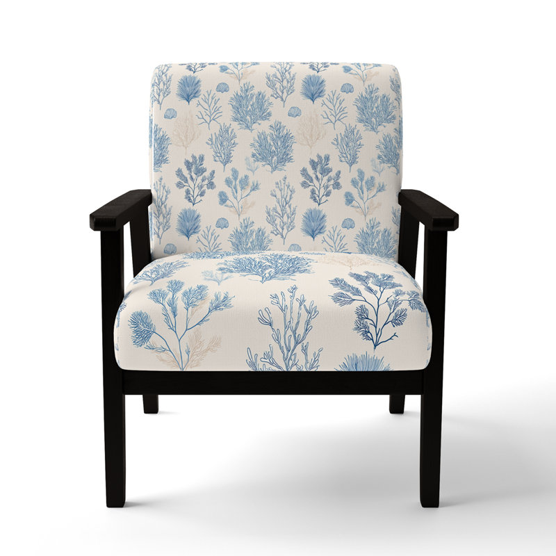 Chaise d'appoint abstraite - Fauteuil blanc à motif plage de corail, Accoudoirs carrés noirs