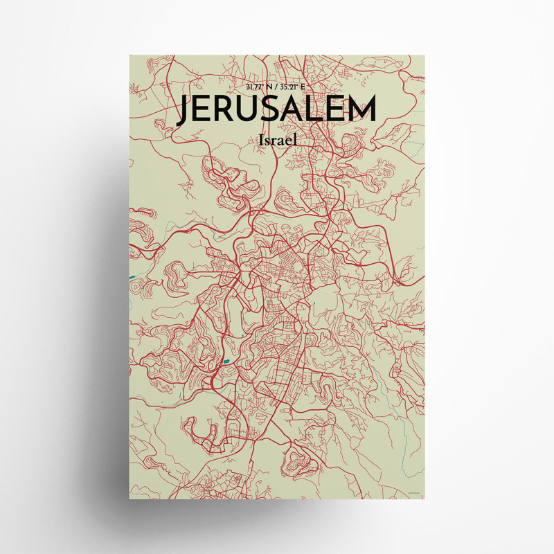 Carte de la ville de Jérusalem, impression de luxe, Vert / beige, H 36 po x l 24 po