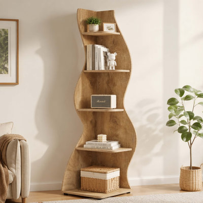 5-Tier Wavy Curved Corner Bookcase, Rustic Wood Grain Freestanding Accent Display Shelf, Unique S-Shaped Corner Storage Rack for Living Room Bedroom
