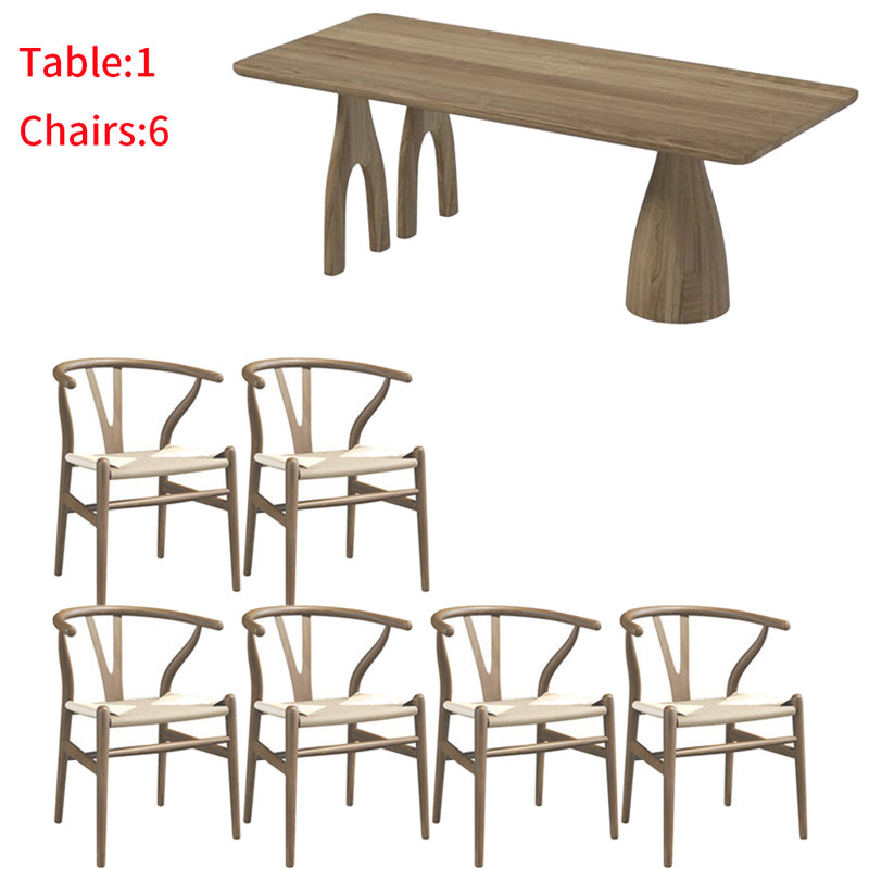 Japanese solid wood rectangular dining table set, 7, 29.5"H x 62.9"L x 27.5"W