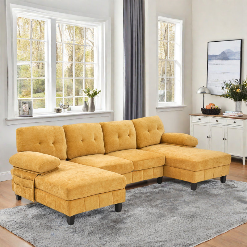 U-shaped Sectional Sofa With Dual Chaise Lounges, Storage Pockets And Armrest Pillows, Yellow Chenille