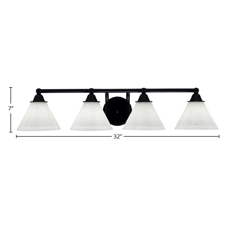 Barre d'éclairage de salle de bain 4 lumières Paramount avec fini noir mat et verre mousseline blanc 7 po