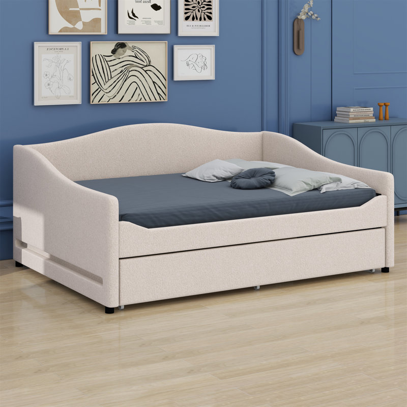 Upholstered Daybed With Light And Trundle, Beige