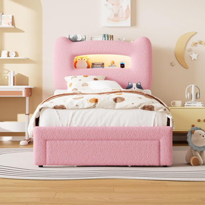 Structure de lit simple à DEL avec tête de lit à 2 niveaux, lit plateforme tapissier avec station de charge et tiroir de rangement, support de lattes en bois robuste, aucun sommier requis, rose