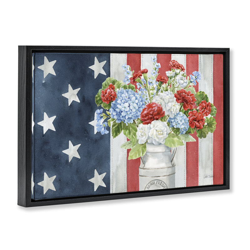 Toile flottante encadrée «American Flag Bouquet» par Leslie Trimbach, Cadre flottant noir de jais, H 17 po x l 25 po