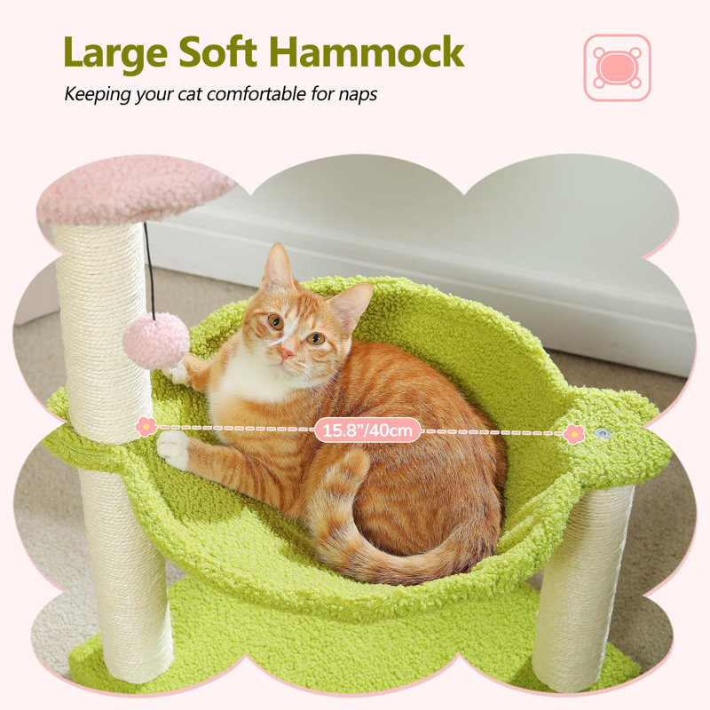 28" Cat Tower With Cozy Flower Perch, Large Hammock With 2 Replaceable Compostable Scoop