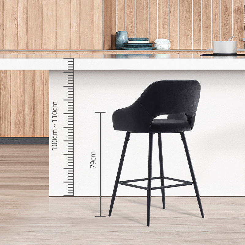 Sunni 67cm Velvet Upholstered Arm Bar Stool with Footrest, Black