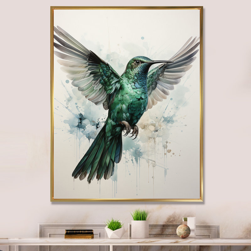 «Deux colibris gris sarcelle» - reproduction sur toile, Cadre flottant doré, H 20 po x l 12 po x P 1 po