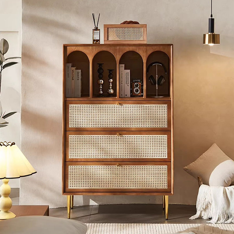 Commode d'appoint rétro en bois tissé en rotin