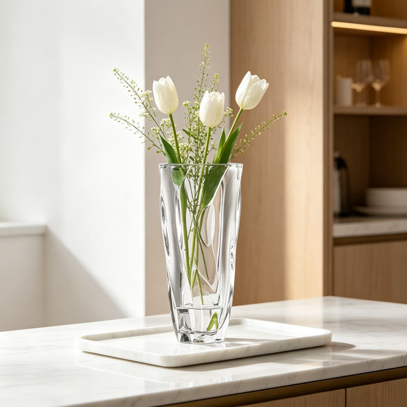Vase Cassia en cristal sans plomb, au design optique contemporain à spirale diagonale, élégant objet de décoration pour fleurs fraîches ou à exposer seul.