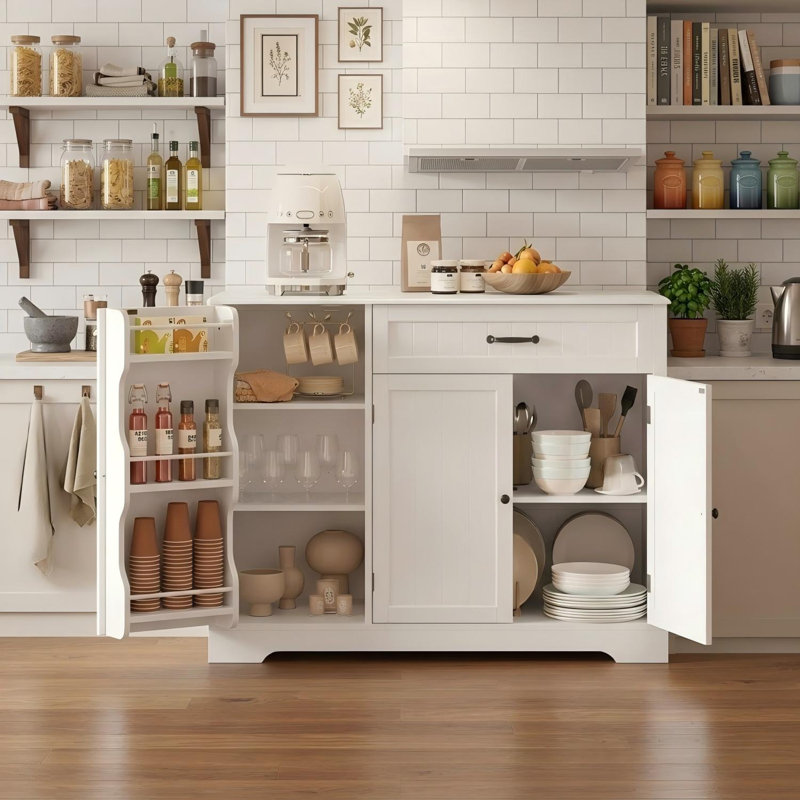 Bayview 33” Stand Kitchen Pantry with 3 Doors, 1 Drawer, Multiple Finish Options, White/Natural