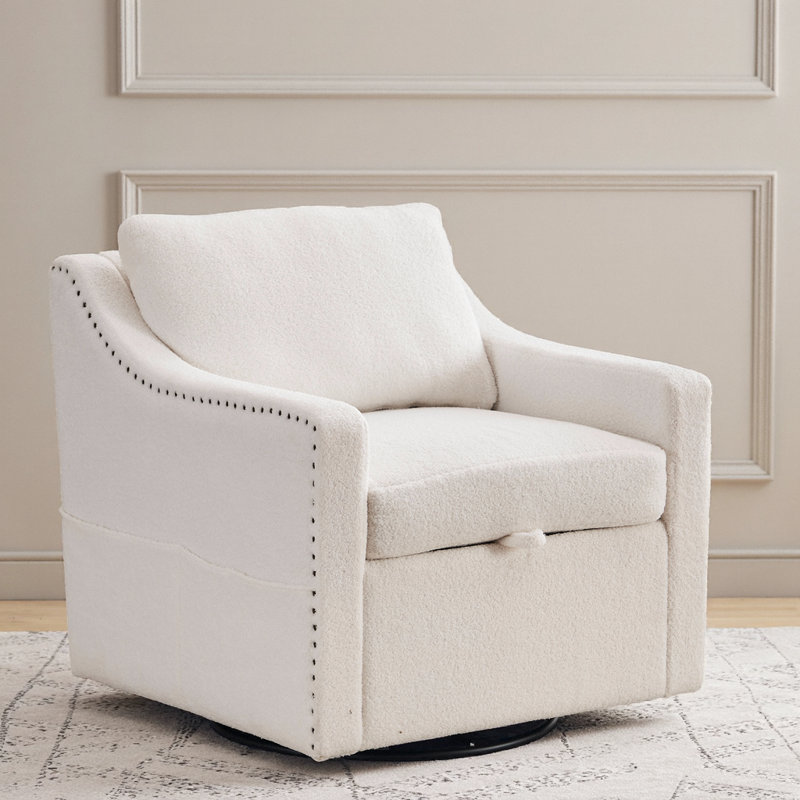 Chaise d'appoint moderne pivotante à 360 ° avec poches de rangement et rivets, Ours en peluche ivoire