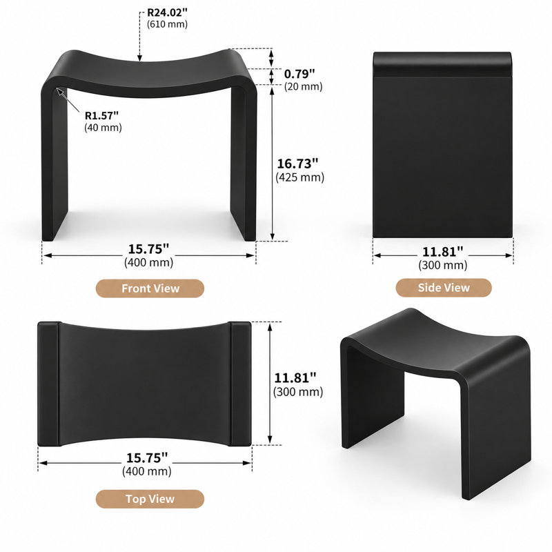 Tabouret de salle de bain autoportant à surface solide de 15,7 po KAKUSIGA, tabouret de douche imperméable, grand siège de douche portable