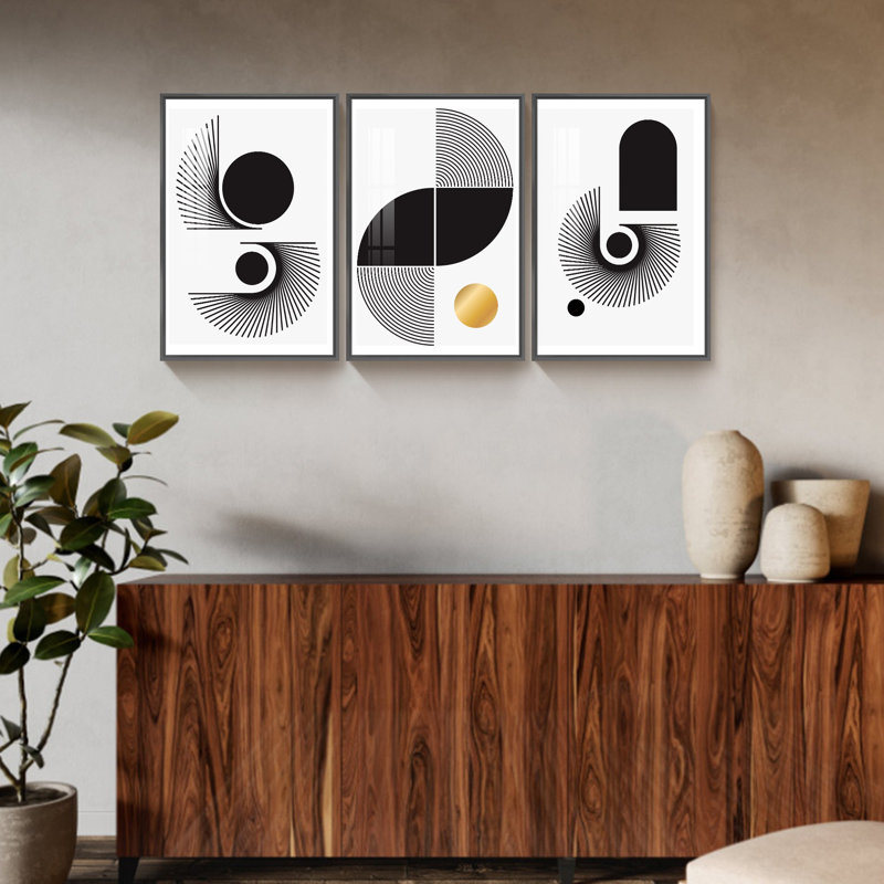«Black White Organic Shape Curve Lines», reproduction encadrée sur toile, 3 pièces, Noir