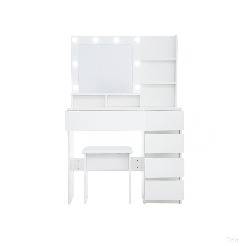 Coiffeuse, ensemble de coiffeuse avec miroir et lumière, beaucoup de rangement pour coiffeuse, 3 modes d'éclairage avec luminosité réglable, blanc avec tabouret