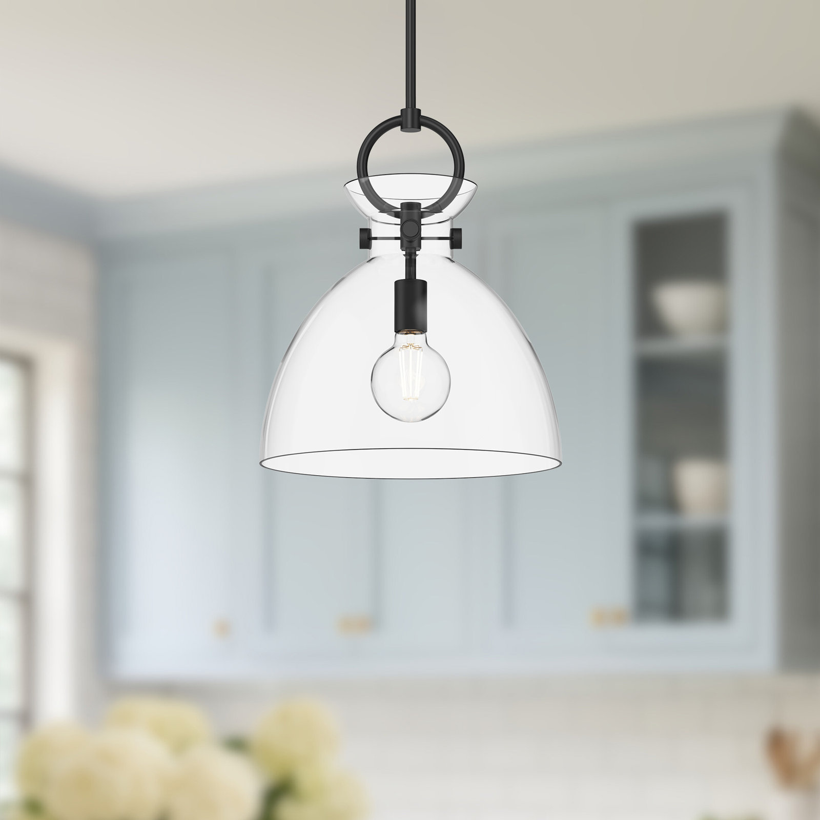 Tinka Single Light Glass Steel Pendant, 17.13" H x 14" W x 14" D, Clear, Matte Black