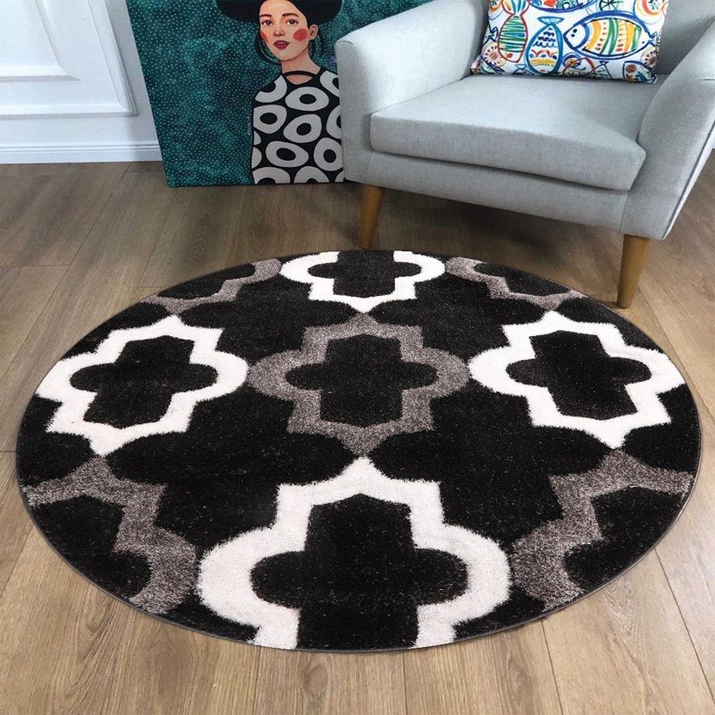 Tapis noir à poils longs Ed Edsonon, Rond 7 pi 7 po