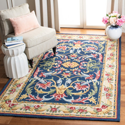 Ozella Hand Tufted Wool/Cotton Oriental Rug in Ivory/Navy
