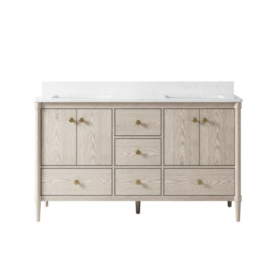 Meuble-lavabo double 60 po en bois massif avec comptoir en quartz Carrera 