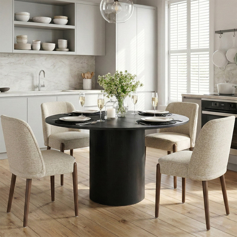 4 - Person Dining Table Sets With Round Table & 4 Upholstered Dining Chairs, Beige