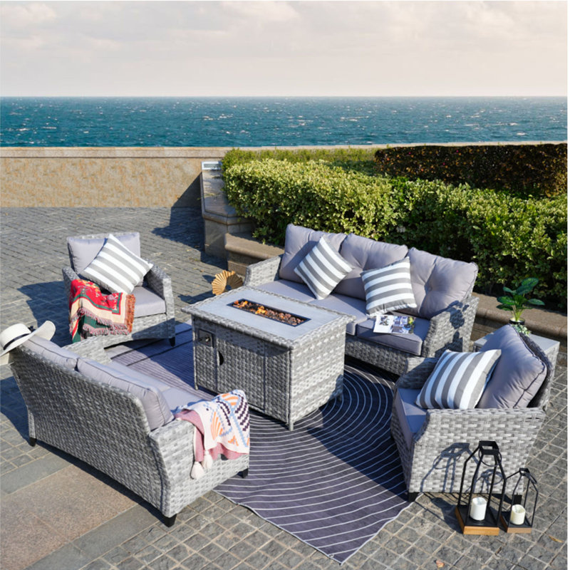Omparsad Wicker 7 - Person Patio Conversation Set with Cushions