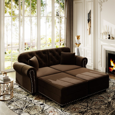 63"Upholstered Velvet Sofa With Nailhead Trim And Rolled Armrests,Mid-Century Modern Chesterfield Sofa With Button  Tufted,Includes 2 Pillows