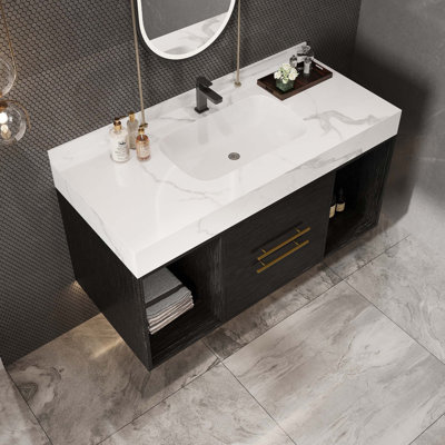 Floating Bathroom Vanity with Ceramic sink,Wall Mounted Vanity 2 Soft Close Drawer and white Top