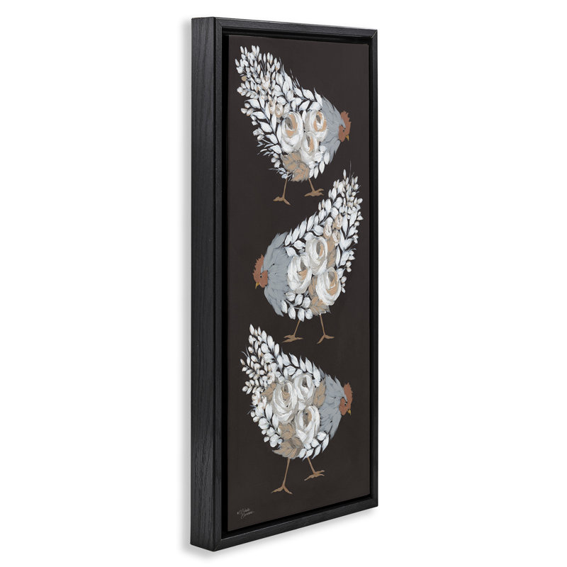 Poules abstraites à motif floral, Cadre flottant noir de jais, H 31 po x l 15 po