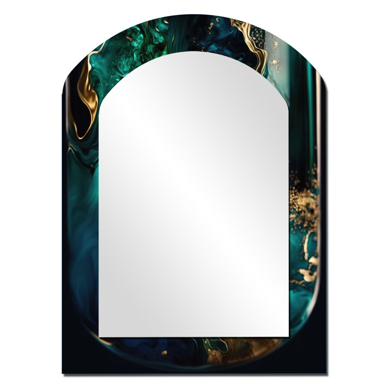 Abstrait géométrique en marbre vert et bleu II - miroir mural arche verte, 34 po x 25 po
