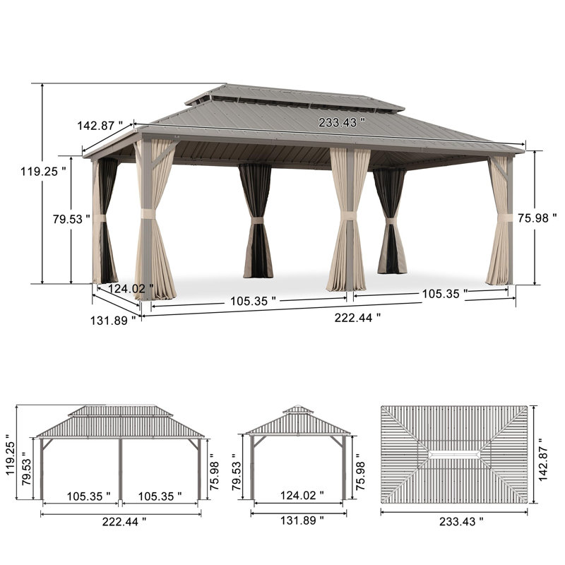 Purple Leaf 12' x 20' Outdoor Hardtop Gazebo, Champagne Aluminum Gazebo With Galvanized Steel Double Roof, Curtains And Netting For Patio Lawn And Garden