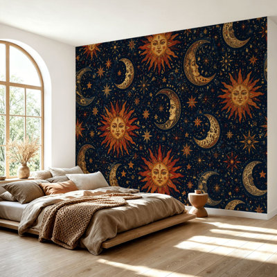 Wall Mural Peel and Stick Wallpaper Celestial Sun Moon Stars Vintage Bohemian Style Self-Adhesive Removable Contact Paper Wall Decor for Living Room Bedroom 69"H x 96"W
