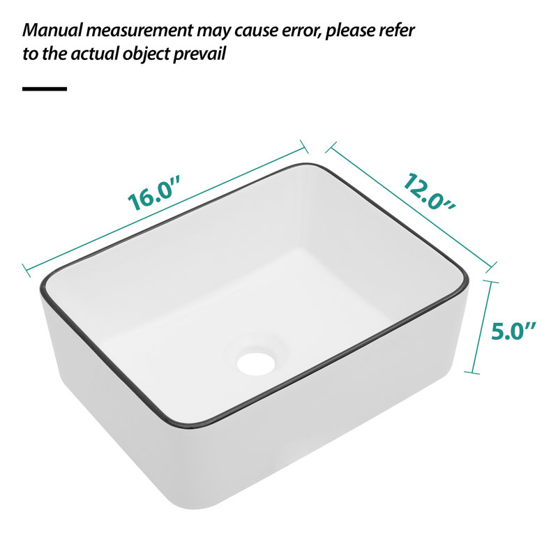 16X12 Inch White Ceramic Rectangular Vessel Bathroom Sink