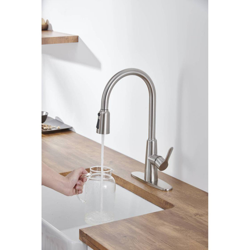 Robinet d'évier de cuisine avec douchette extractible en nickel brossé, poignées de robinet d'évier de cuisine en acier inoxydable