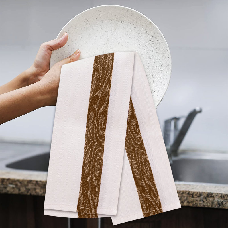 Set of 12 White and Brown Cotton Terry Kitchen Towels