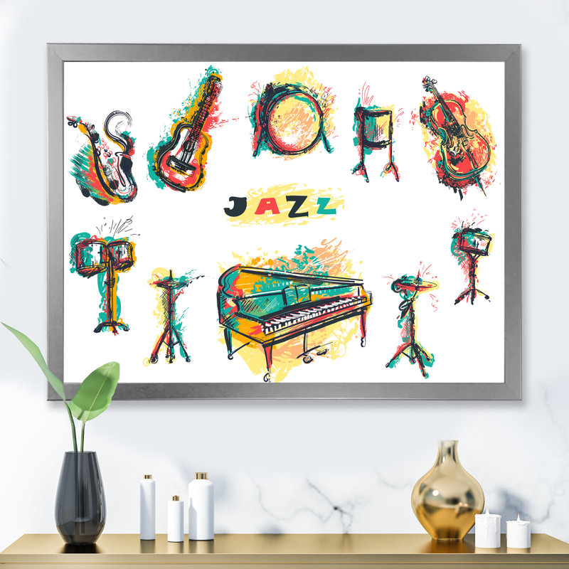 Affiche Jazz Music Party avec instruments de musique - reproduction sur toile, H 30 po x l 40 po x P 1,5 po