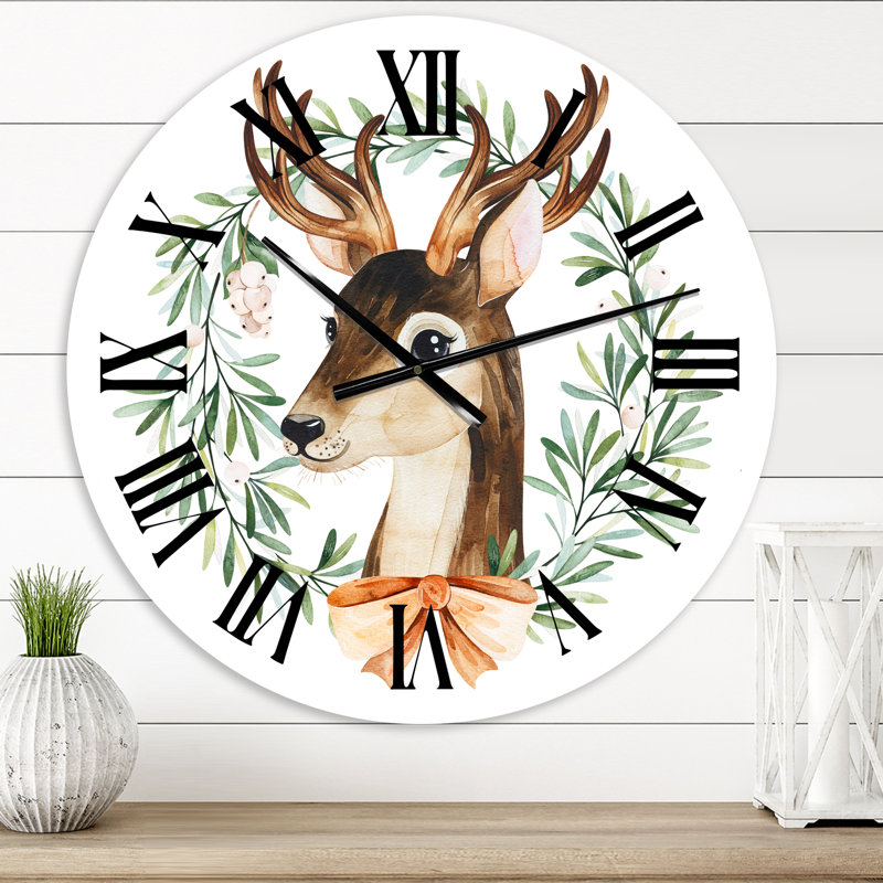 Cerf avec couronne florale isolée On White - horloge murale de ferme, Petit