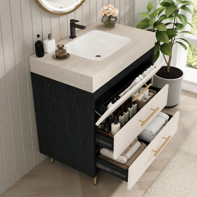 Meuble-lavabo autoportant moderne avec lavabo vasque en céramique et plateau en pierre frittée durable, Black