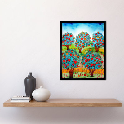 Apple Orchard Trees Ready For Harvest Folk Art Landscape Watercolour Painting Art Print Framed Poster Wall Decor 12x16 inch