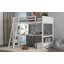 Lit mezzanine double avec bureau multi-rangements en L, station de charge à DEL et USB, banc de rangement avec 2 tiroirs-290658499