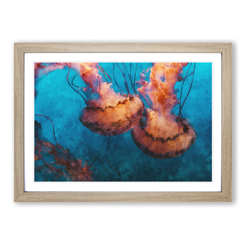 Pink Jellyfish - Picture Frame Painting Print, 24cm H x 33cm W x 2cm D, Oak Framed