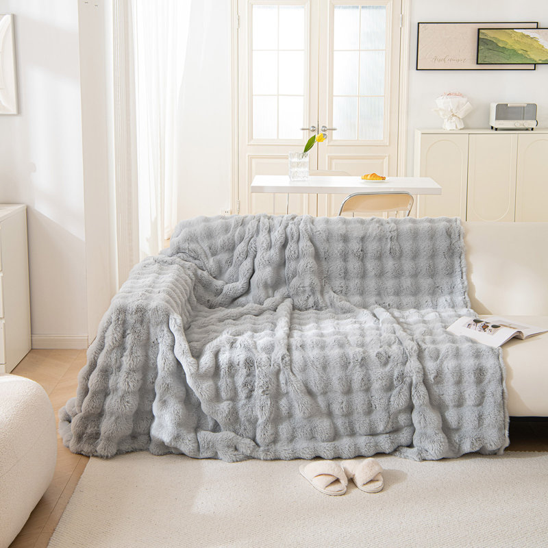 1-Piece Faux Fur Box Cushion Slipcover, 71" H x 134" W, Dark Gray