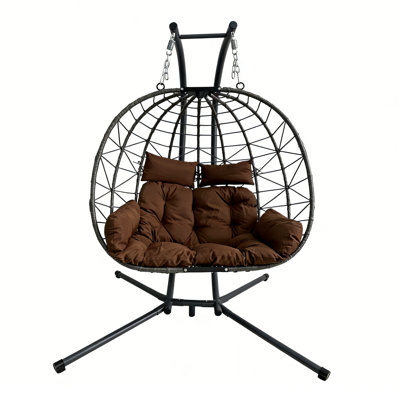 Double fauteuil à œufs suspendu avec support, causeuse de patio avec coussins, intérieur et extérieur, brun
