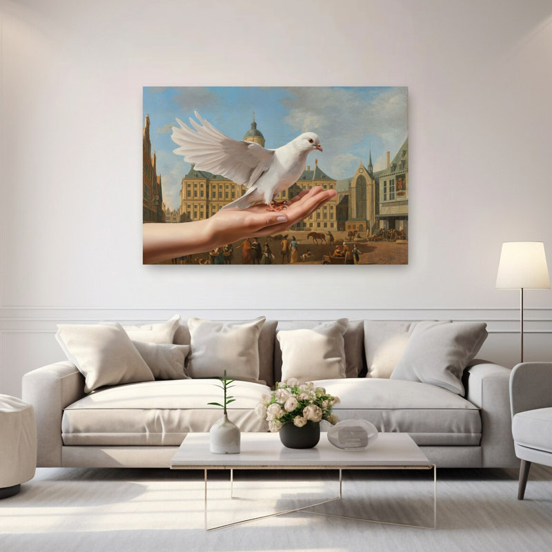 White Dove City Square Classic Peaceful Tranquil Bird Architecture City Wall Art Print by Marja Van Den - Wrapped Canvas Print
