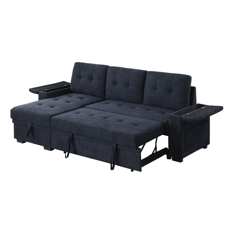 Aurora II 84"W Dark Gray Woven Fabric Reversible Sleeper Sectional Sofa With Storage Chaise, Dark Gray Fabric