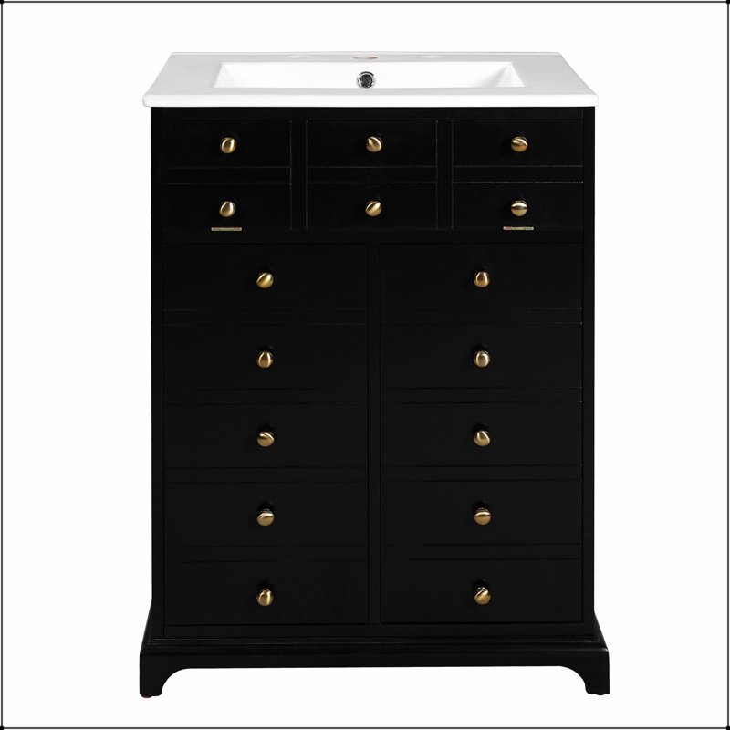 Meuble-lavabo 24 po avec tiroir et portes à fermeture douce, meuble de rangement moderne avec lavabo en céramique pour petits espaces