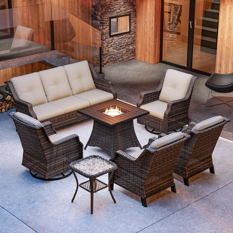 Ensemble de conversation pour 7 personnes avec foyer et coussins, Beige